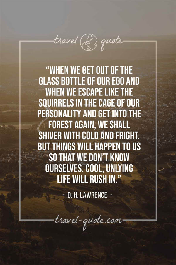 When we get out of the glass bottle of our ego and when we escape like the squirrels in the cage of our personality and get into the forest again, we shall shiver with cold and fright. But things will happen to us so that we don’t know ourselves. Cool, unlying life will rush in. – D. H. Lawrence